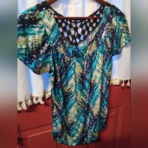 Teal Multi-Color Abstract Print Short Sleeve Tunic with Lattice Back